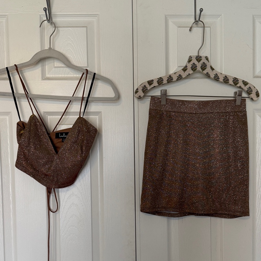 Lulu's Bronze Metallic Two-Piece Crop Top and Mini Skirt Set